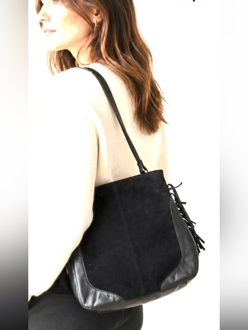 OKPTA Black Leather & Suede Hobo Shoulder Bag with Tassel Accent NWOT